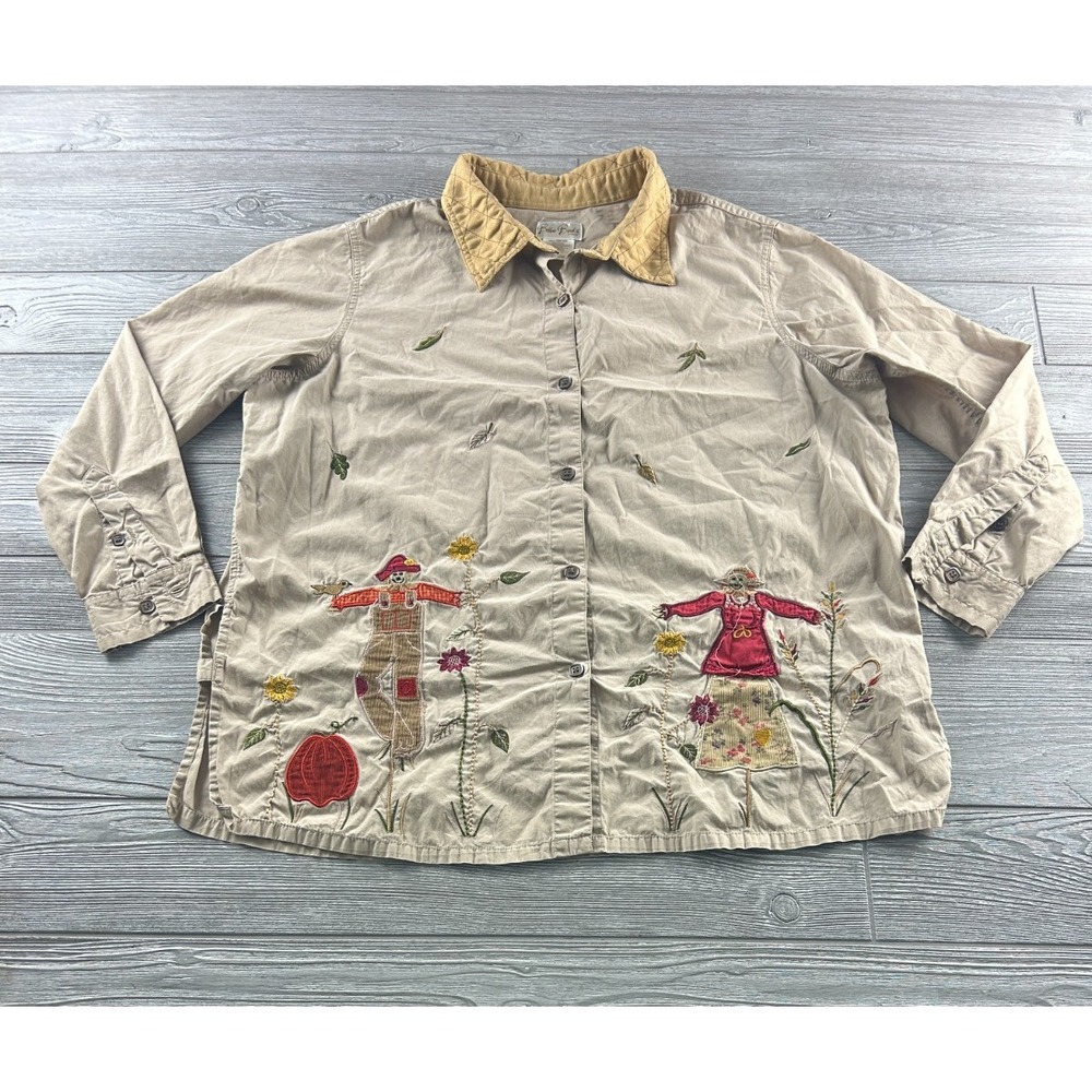 Bobbie Brooks Scarecrow Embroidered Button Up Shirt Size 18W/20W Brown Fall Crow